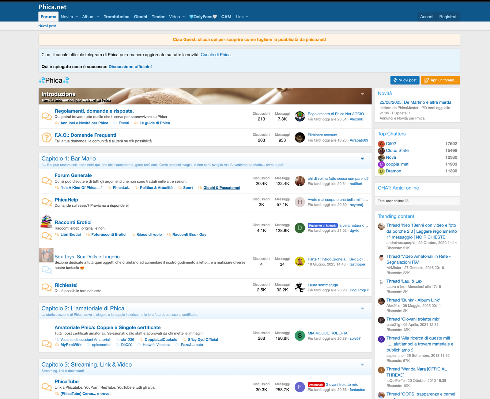 Screenshot Wayback Machine della homepage del forum phica.eu (phica.net) all’URL phica.eu/forums: sezioni Regolamenti, Forum Generale, PhicaHelp, Racconti Erotici, Streaming — agosto 2025